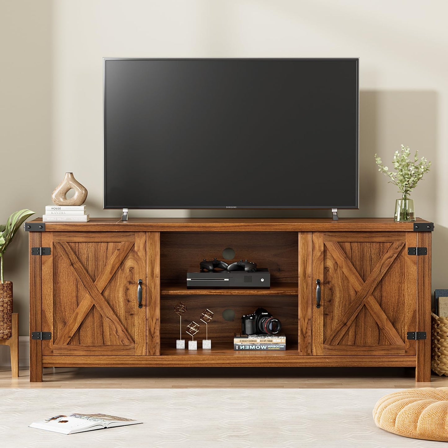 YESHOMY Modern Farmhouse TV Stand with Two Barn Doors and Storage Cabinets for Televisions up to 65+ Inch,Entertainment Center Console Table,Media Furniture for Living Room, Grey