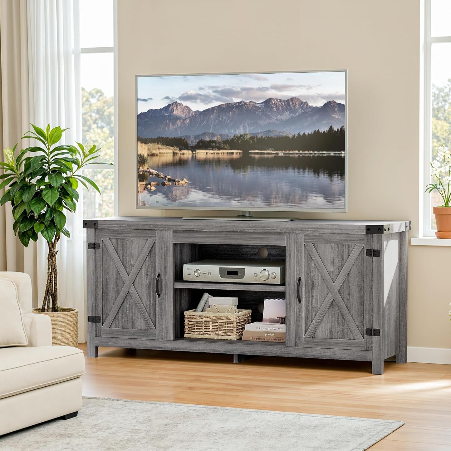 YESHOMY Modern Farmhouse TV Stand with Two Barn Doors and Storage Cabinets for Televisions up to 65+ Inch,Entertainment Center Console Table,Media Furniture for Living Room, Grey