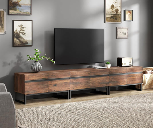 Wampat 3 in 1 Modern TV Stand for Up to 110 inch TVs, Wood Entertainment Center with Storage Cabinets and Metal Base, Living Room Media Console, Brown