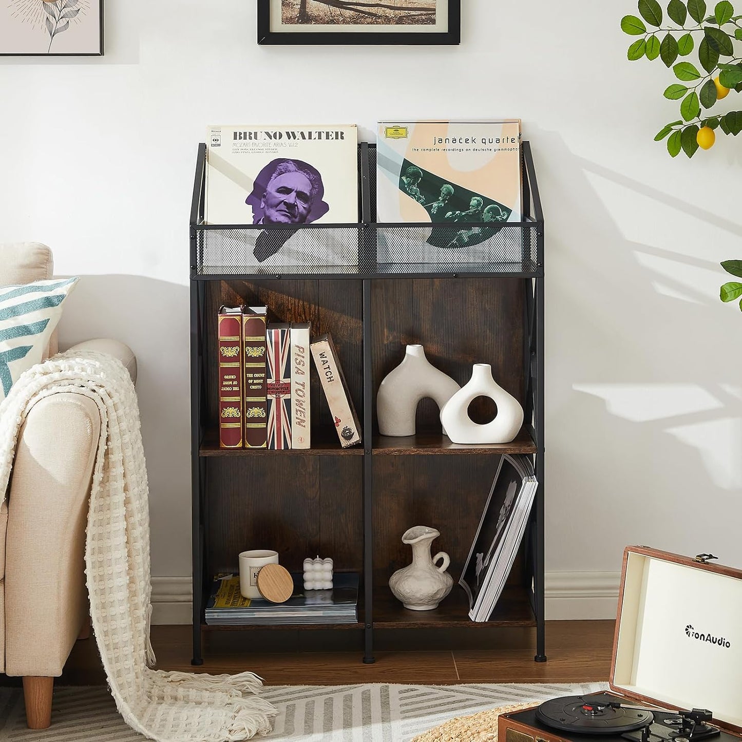 6 Grids Vinyl Record Storage Holder Rack， Wooden Record Display Table for Magazines Files Albums Books for Living Room Bedroom Patent Pending