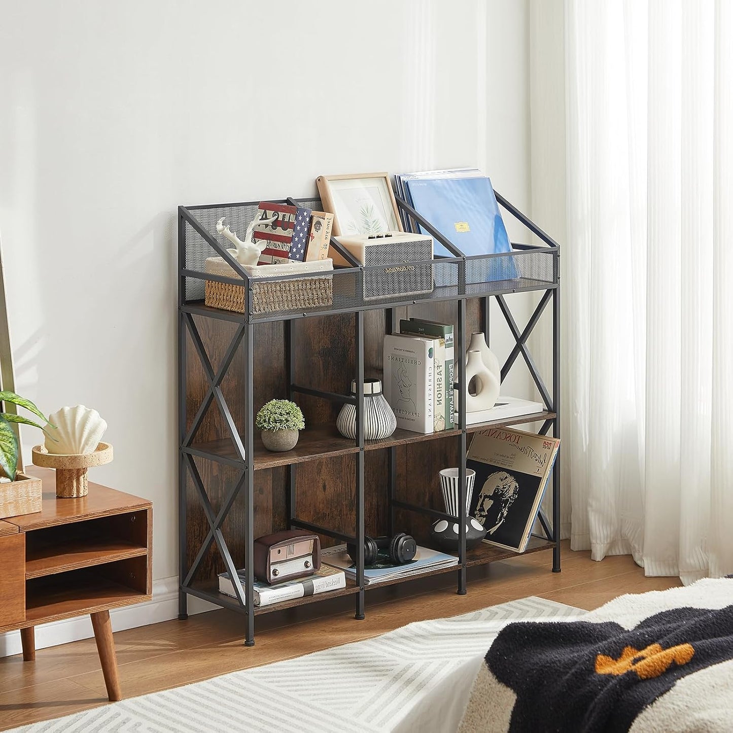 9 Grids Vinyl Record Storage Holder Rack， Wooden Record Display Table for Magazines Files Albums Books for Living Room Bedroom Patent Pending