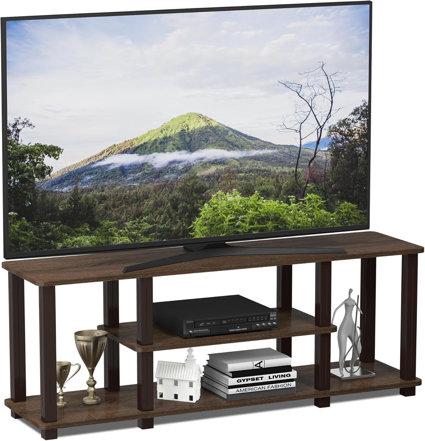 Furinno Turn-N-Tube No Tools 3D 3-Tier Entertainment TV Stand up to 50 inch TV, Round Tubes, French Oak Grey/Black