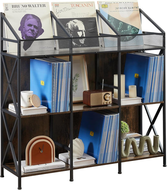 9 Grids Vinyl Record Storage Holder Rack， Wooden Record Display Table for Magazines Files Albums Books for Living Room Bedroom Patent Pending