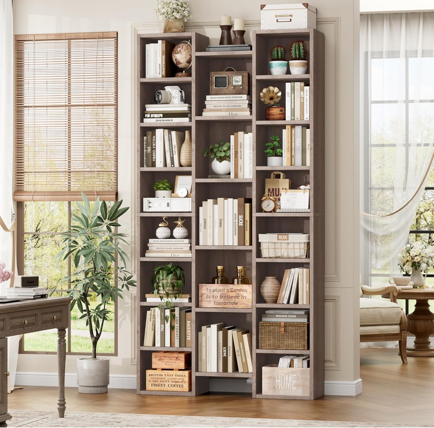 FOTOSOK 71’’ Tall Bookshelf, Triple Wide Bookshelf with Adjustable Shelves, 8 Tier Media CD DVD Storage Tower Rack, Diaplay Cabinet Shelf, Cube Storage Organizer Shelf for Home Office, Black/Brown