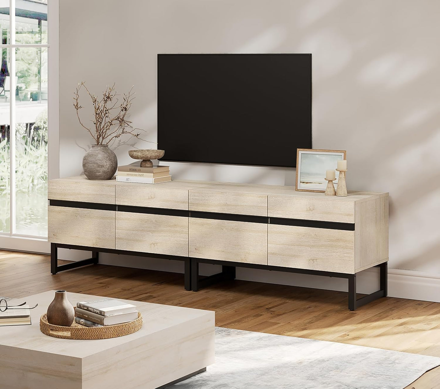 Wampat 3 in 1 Modern TV Stand for Up to 110 inch TVs, Wood Entertainment Center with Storage Cabinets and Metal Base, Living Room Media Console, Brown