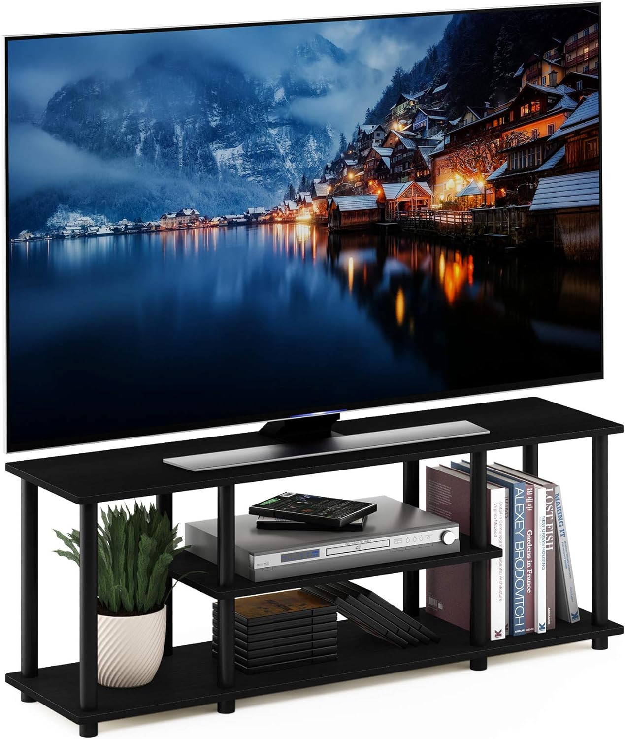Furinno Turn-N-Tube No Tools 3D 3-Tier Entertainment TV Stand up to 50 inch TV, Round Tubes, French Oak Grey/Black
