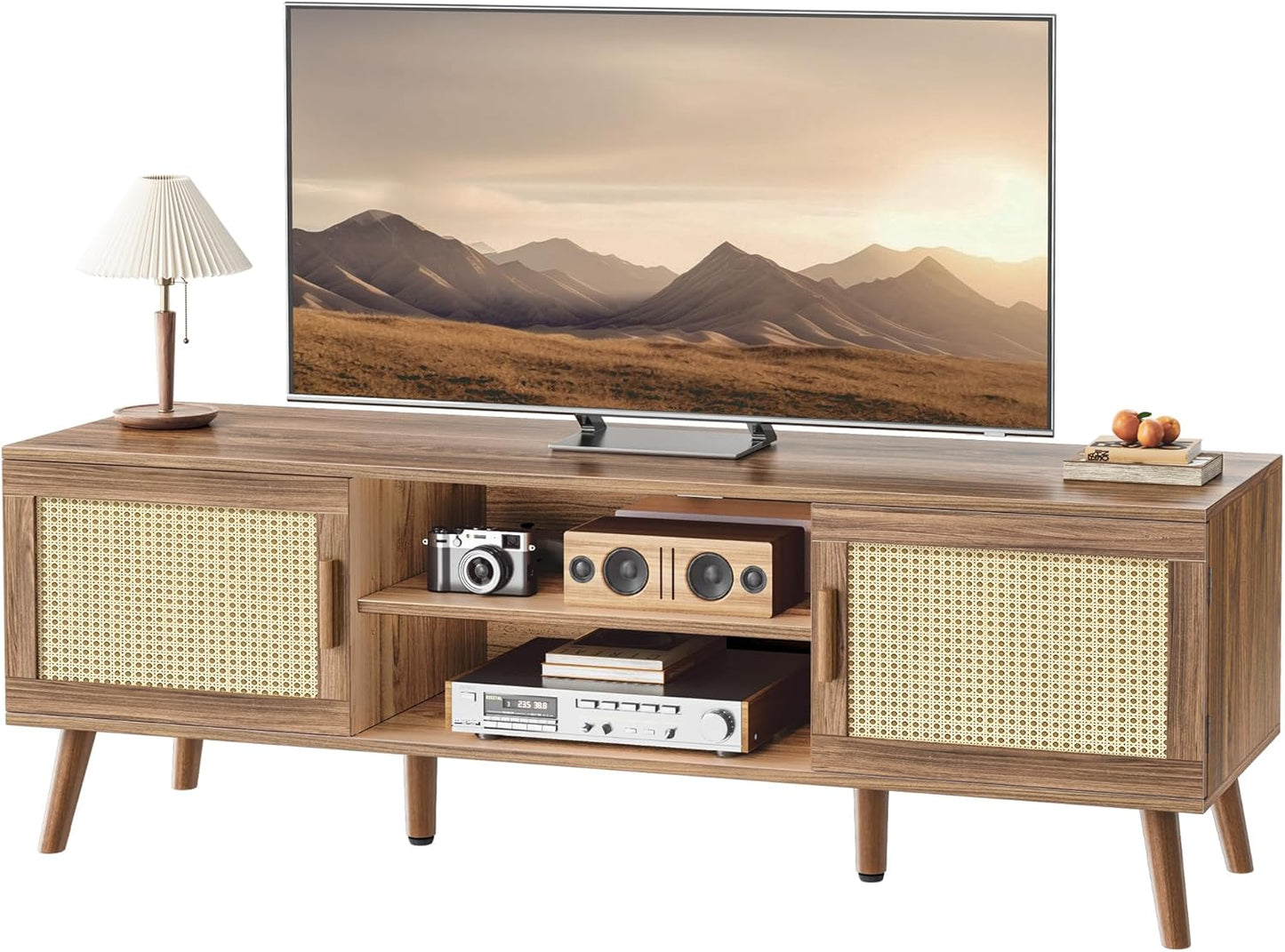SUPERJARE Boho TV Stand for 65 Inch TV, Entertainment Center with Adjustable Shelf, Rattan TV Console with 2 Cabinets, Media Console, Solid Wood Feet, 4 Cord Holes, for Living Room - Natural