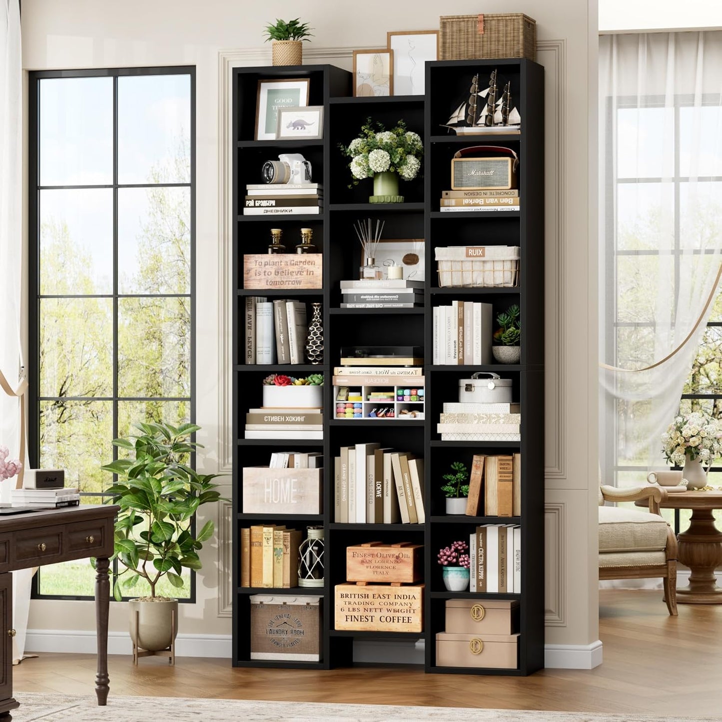 FOTOSOK 71’’ Tall Bookshelf, Triple Wide Bookshelf with Adjustable Shelves, 8 Tier Media CD DVD Storage Tower Rack, Diaplay Cabinet Shelf, Cube Storage Organizer Shelf for Home Office, Black/Brown