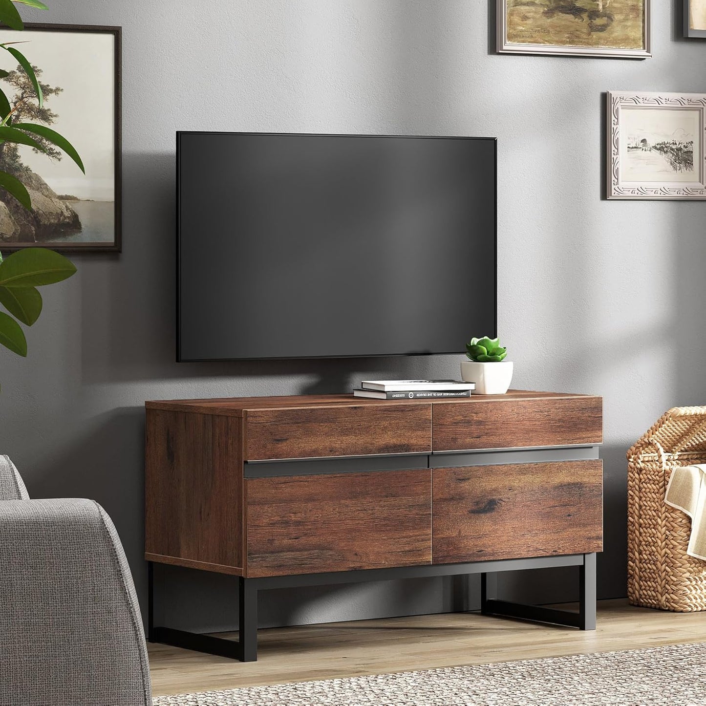 Wampat 3 in 1 Modern TV Stand for Up to 110 inch TVs, Wood Entertainment Center with Storage Cabinets and Metal Base, Living Room Media Console, Brown