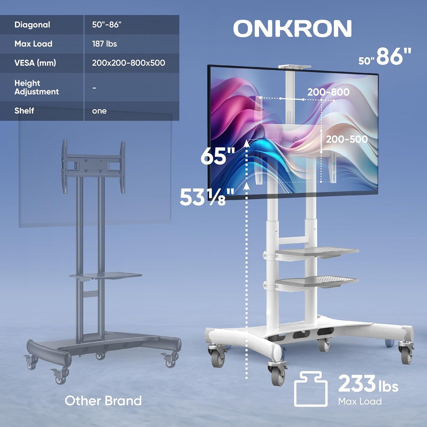 ONKRON Mobile TV Stand on Wheels for 50-86 Inch TVs, max Load up to 233 lbs, Height Adjustable TV Stand Portable, max VESA 800x500 - Movable, Rolling TV Cart with Wheels and Shelves White