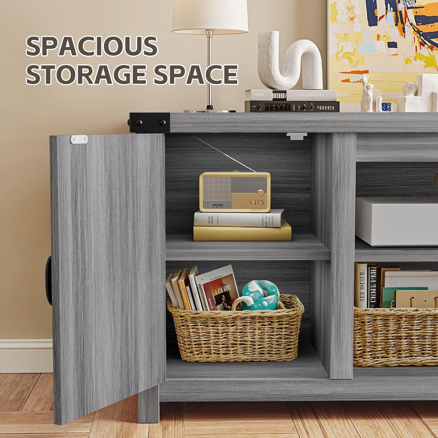 YESHOMY Modern Farmhouse TV Stand with Two Barn Doors and Storage Cabinets for Televisions up to 65+ Inch,Entertainment Center Console Table,Media Furniture for Living Room, Grey