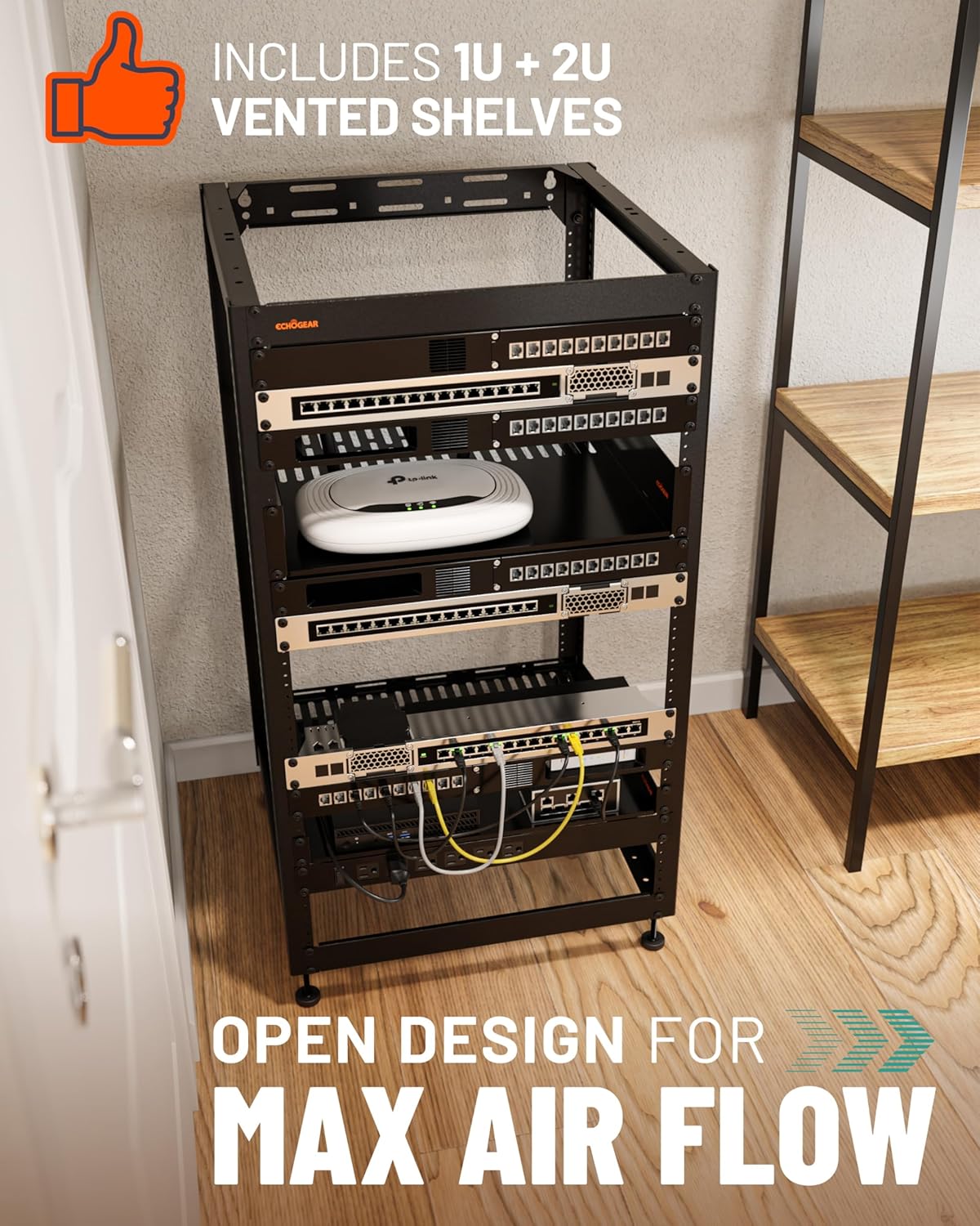 ECHOGEAR 20U Open Frame Rack for Servers & AV Gear - Wall Mountable Design Includes 2X Vented Shelves, 25x Rack Mounting Screws, 4X Leveling Feet, 4X Shelf Stops, & 2X Securement Straps