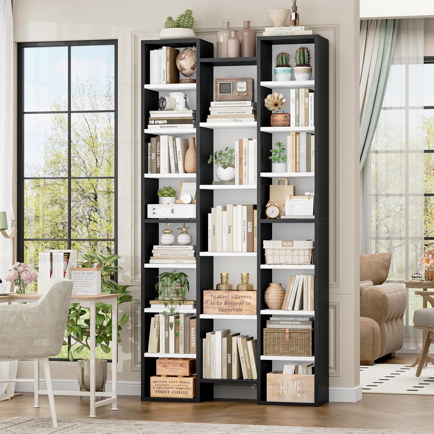 FOTOSOK 71’’ Tall Bookshelf, Triple Wide Bookshelf with Adjustable Shelves, 8 Tier Media CD DVD Storage Tower Rack, Diaplay Cabinet Shelf, Cube Storage Organizer Shelf for Home Office, Black/Brown