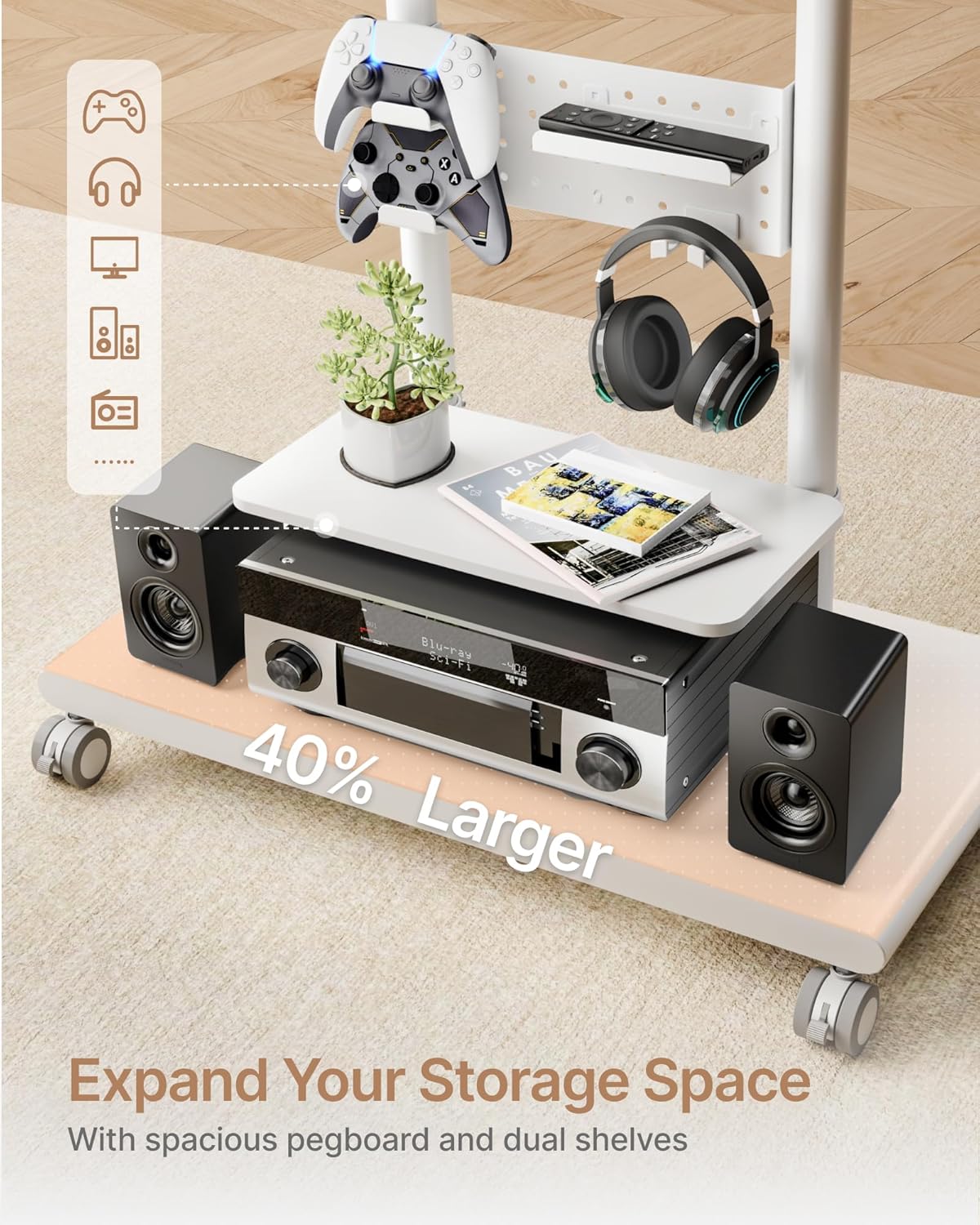 Rolling TV Stand with Versatile Storage Pegboard for 50-90 inch TVs up to 154lbs, Height Adjustable Mobile TV Stand with Storage Shelves, Tilt Swivel TV Cart Max VESA 600x400mm, White