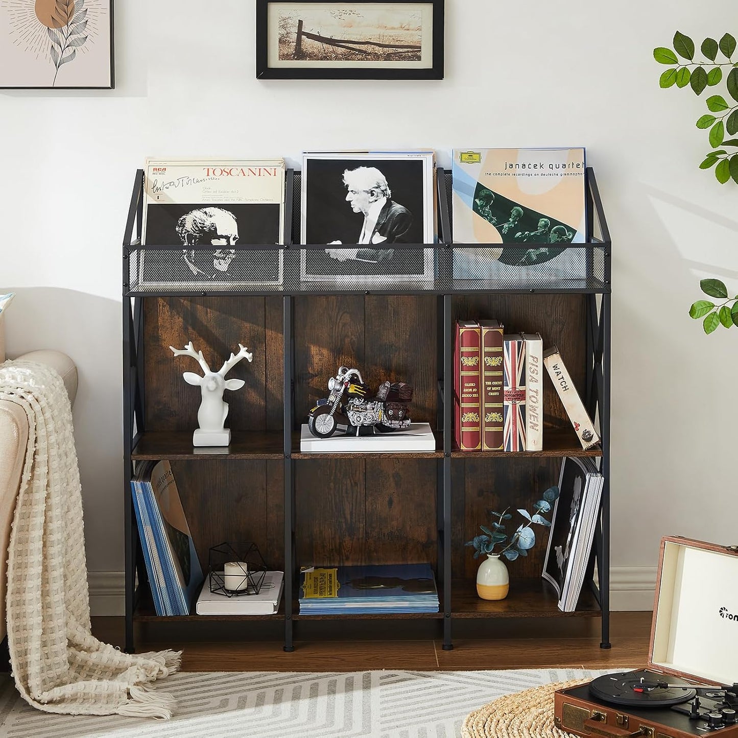 9 Grids Vinyl Record Storage Holder Rack， Wooden Record Display Table for Magazines Files Albums Books for Living Room Bedroom Patent Pending