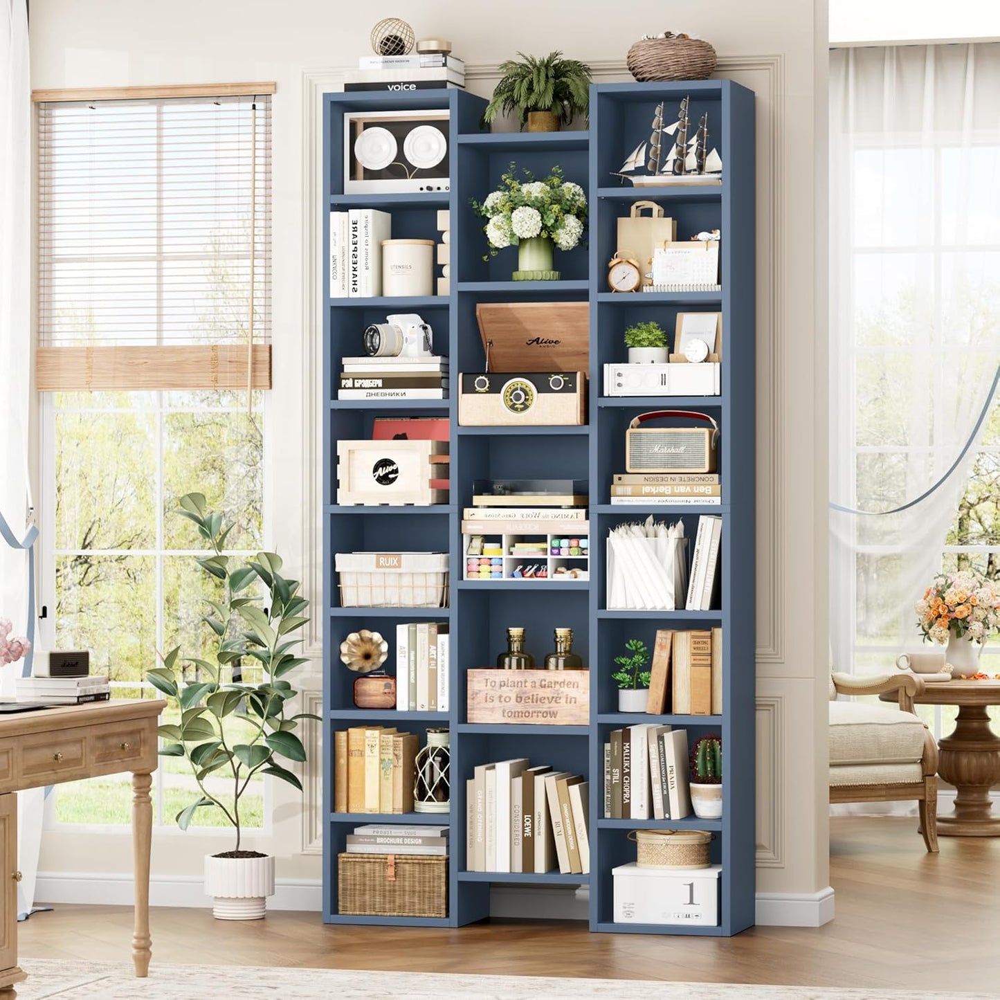 FOTOSOK 71’’ Tall Bookshelf, Triple Wide Bookshelf with Adjustable Shelves, 8 Tier Media CD DVD Storage Tower Rack, Diaplay Cabinet Shelf, Cube Storage Organizer Shelf for Home Office, Black/Brown