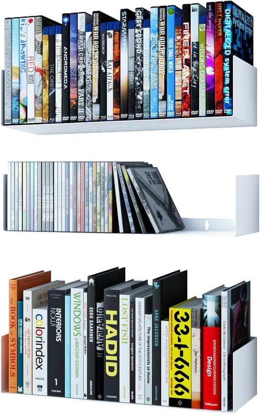 Wallniture Bali White Floating Shelves for Wall, CD DVD Storage Shelves and Metal Bookshelf Set of 3