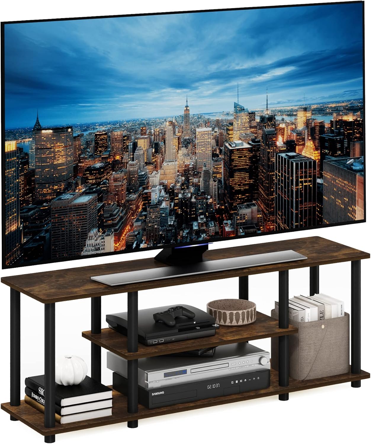 Furinno Turn-N-Tube No Tools 3D 3-Tier Entertainment TV Stand up to 50 inch TV, Round Tubes, French Oak Grey/Black