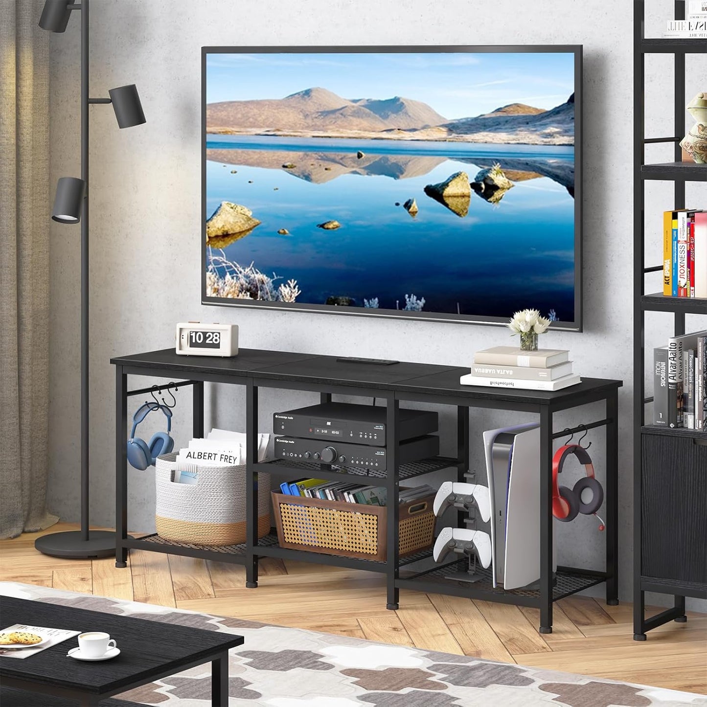 YGEOMER Entertainment Center for 55 inch TVs, TV Stand with Power Outlet and Open Storage Shelves, TV Media Console Table for Living Room and Bedroom,Black