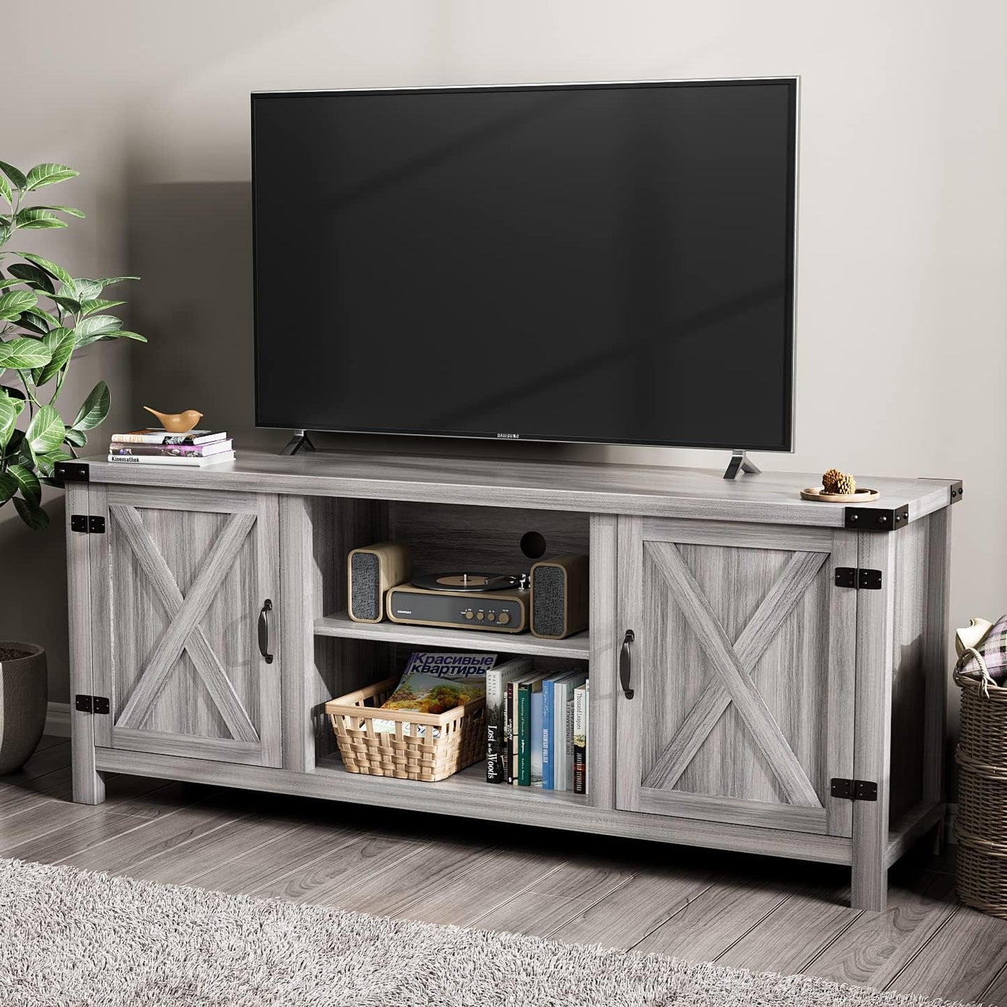 YESHOMY Modern Farmhouse TV Stand with Two Barn Doors and Storage Cabinets for Televisions up to 65+ Inch,Entertainment Center Console Table,Media Furniture for Living Room, Grey