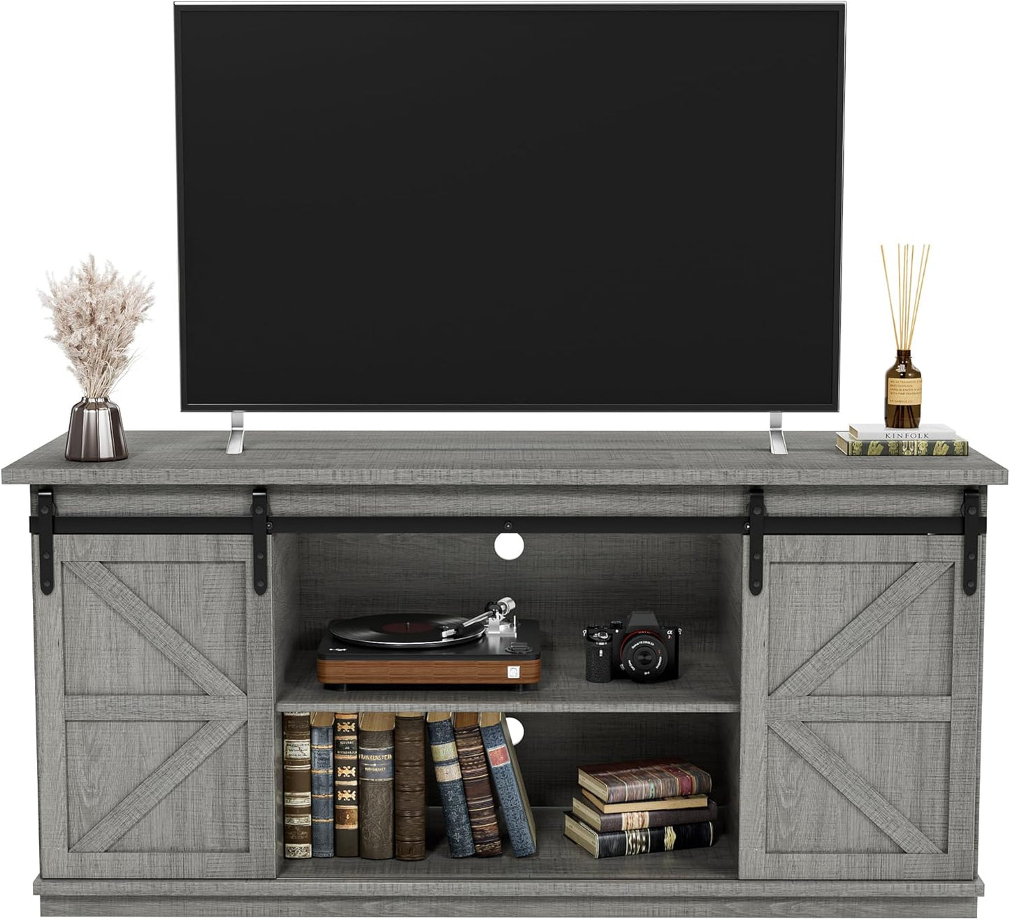 JUMMICO TV Stand for 65 Inch TV, Entertainment Center with Storage Cabinets and Sliding Barn Doors, Mid Century Modern Media TV Console Table for Living Room Bedroom (Bright White)