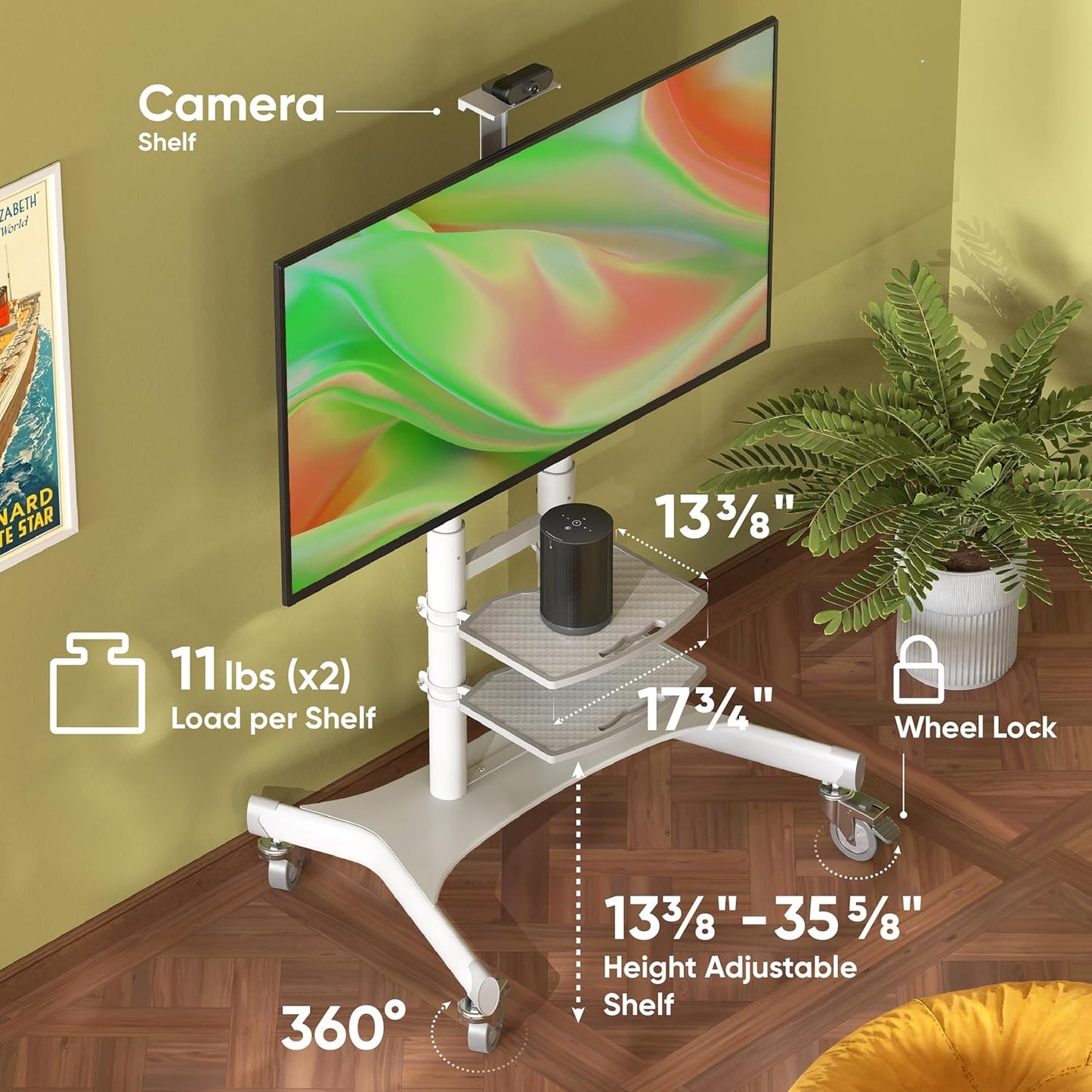 ONKRON Mobile TV Stand on Wheels for 50-86 Inch TVs, max Load up to 233 lbs, Height Adjustable TV Stand Portable, max VESA 800x500 - Movable, Rolling TV Cart with Wheels and Shelves White