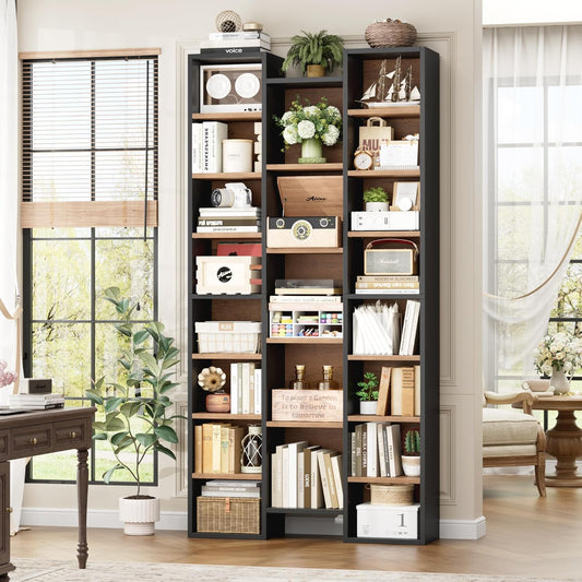 FOTOSOK 71’’ Tall Bookshelf, Triple Wide Bookshelf with Adjustable Shelves, 8 Tier Media CD DVD Storage Tower Rack, Diaplay Cabinet Shelf, Cube Storage Organizer Shelf for Home Office, Black/Brown