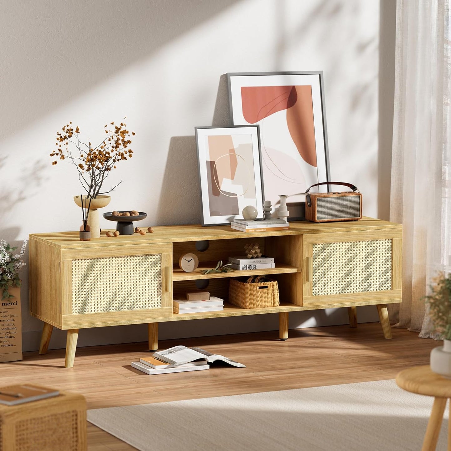 SUPERJARE Boho TV Stand for 65 Inch TV, Entertainment Center with Adjustable Shelf, Rattan TV Console with 2 Cabinets, Media Console, Solid Wood Feet, 4 Cord Holes, for Living Room - Natural