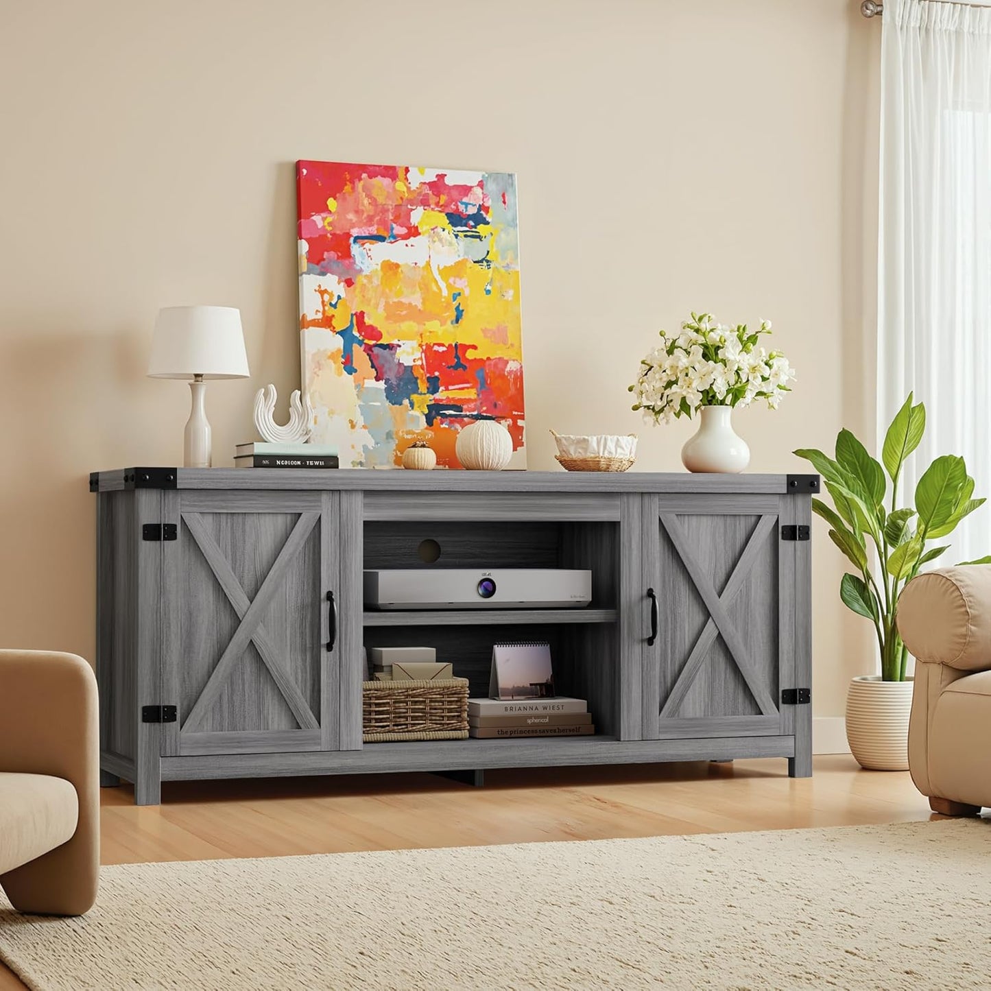 YESHOMY Modern Farmhouse TV Stand with Two Barn Doors and Storage Cabinets for Televisions up to 65+ Inch,Entertainment Center Console Table,Media Furniture for Living Room, Grey