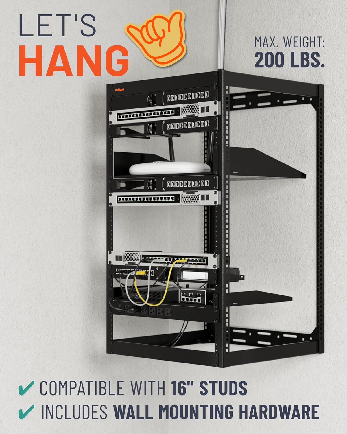 ECHOGEAR 20U Open Frame Rack for Servers & AV Gear - Wall Mountable Design Includes 2X Vented Shelves, 25x Rack Mounting Screws, 4X Leveling Feet, 4X Shelf Stops, & 2X Securement Straps