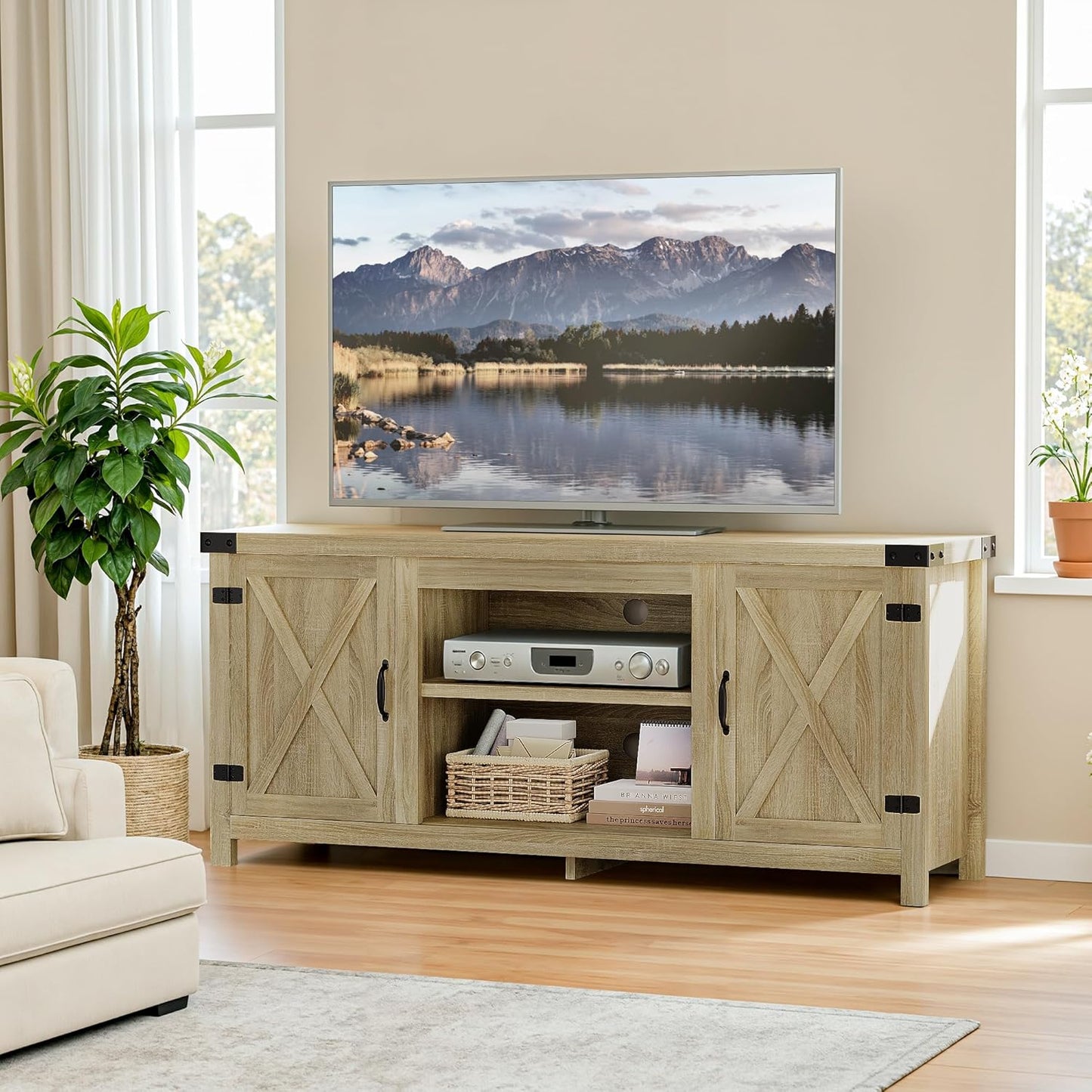 YESHOMY Modern Farmhouse TV Stand with Two Barn Doors and Storage Cabinets for Televisions up to 65+ Inch,Entertainment Center Console Table,Media Furniture for Living Room, Grey