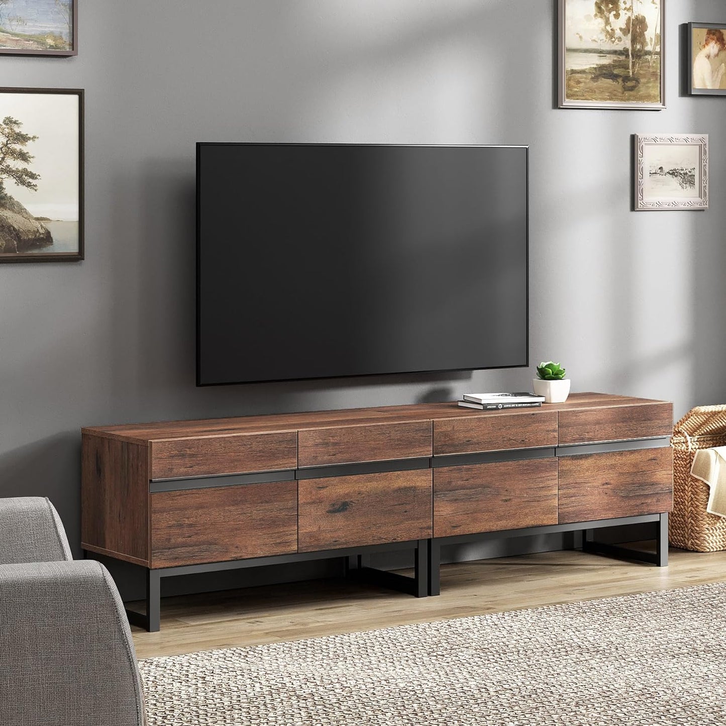 Wampat 3 in 1 Modern TV Stand for Up to 110 inch TVs, Wood Entertainment Center with Storage Cabinets and Metal Base, Living Room Media Console, Brown
