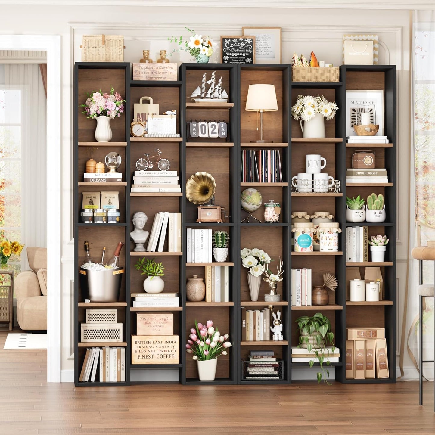 FOTOSOK 71’’ Tall Bookshelf, Triple Wide Bookshelf with Adjustable Shelves, 8 Tier Media CD DVD Storage Tower Rack, Diaplay Cabinet Shelf, Cube Storage Organizer Shelf for Home Office, Black/Brown