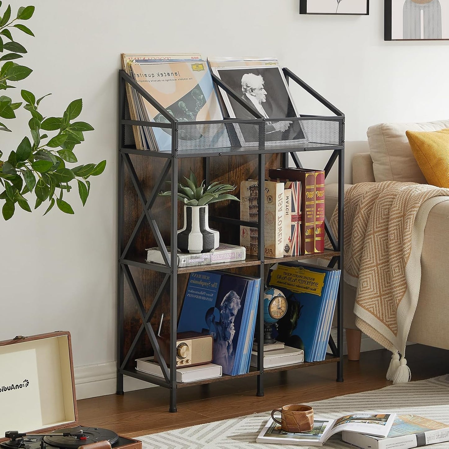 6 Grids Vinyl Record Storage Holder Rack， Wooden Record Display Table for Magazines Files Albums Books for Living Room Bedroom Patent Pending
