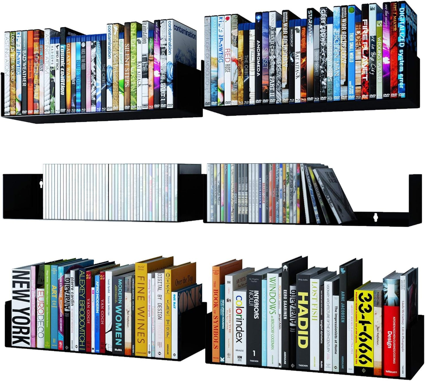 Wallniture Bali White U Shape Floating Shelves for Wall, CD DVD Storage Shelves and Metal Bookshelf Set of 6