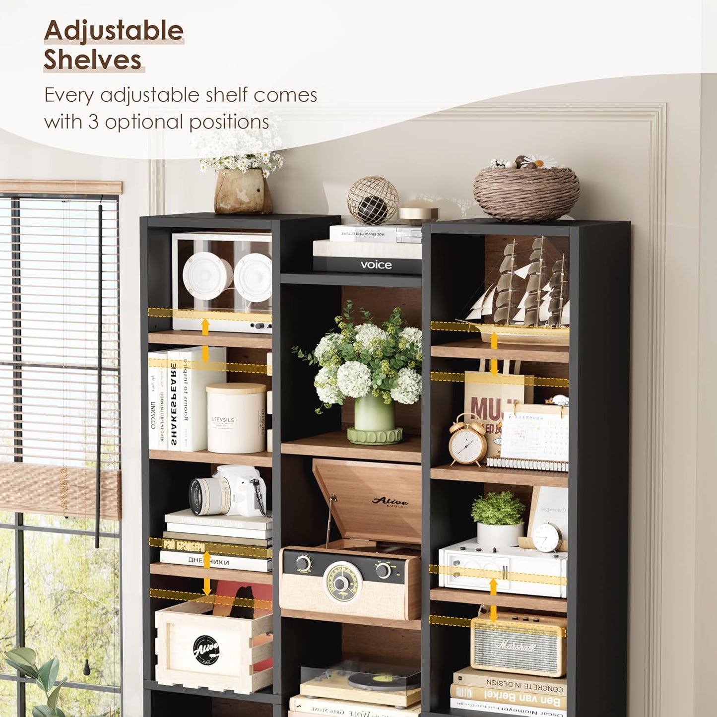 FOTOSOK 71’’ Tall Bookshelf, Triple Wide Bookshelf with Adjustable Shelves, 8 Tier Media CD DVD Storage Tower Rack, Diaplay Cabinet Shelf, Cube Storage Organizer Shelf for Home Office, Black/Brown