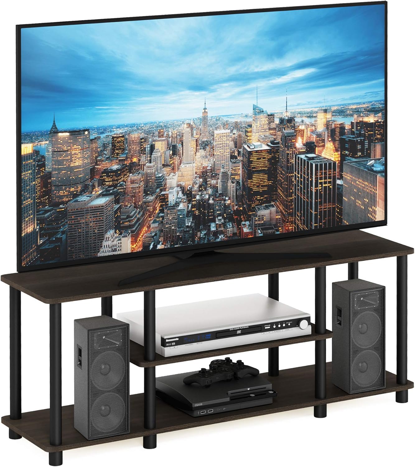 Furinno Turn-N-Tube No Tools 3D 3-Tier Entertainment TV Stand up to 50 inch TV, Round Tubes, French Oak Grey/Black