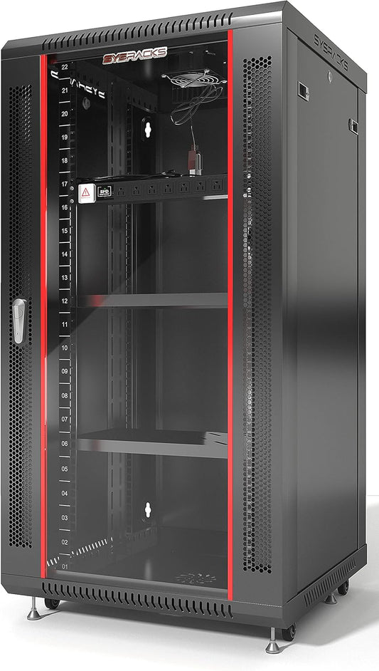 Server Rack – 22U - Wall Mount Rack - Locking Cabinet for Network - Electronics - Security - Audio - Video - AV Equipment - Data Rack - Legs/Power Strip/Shelf/Fan - 24-Inch Deep Sysracks