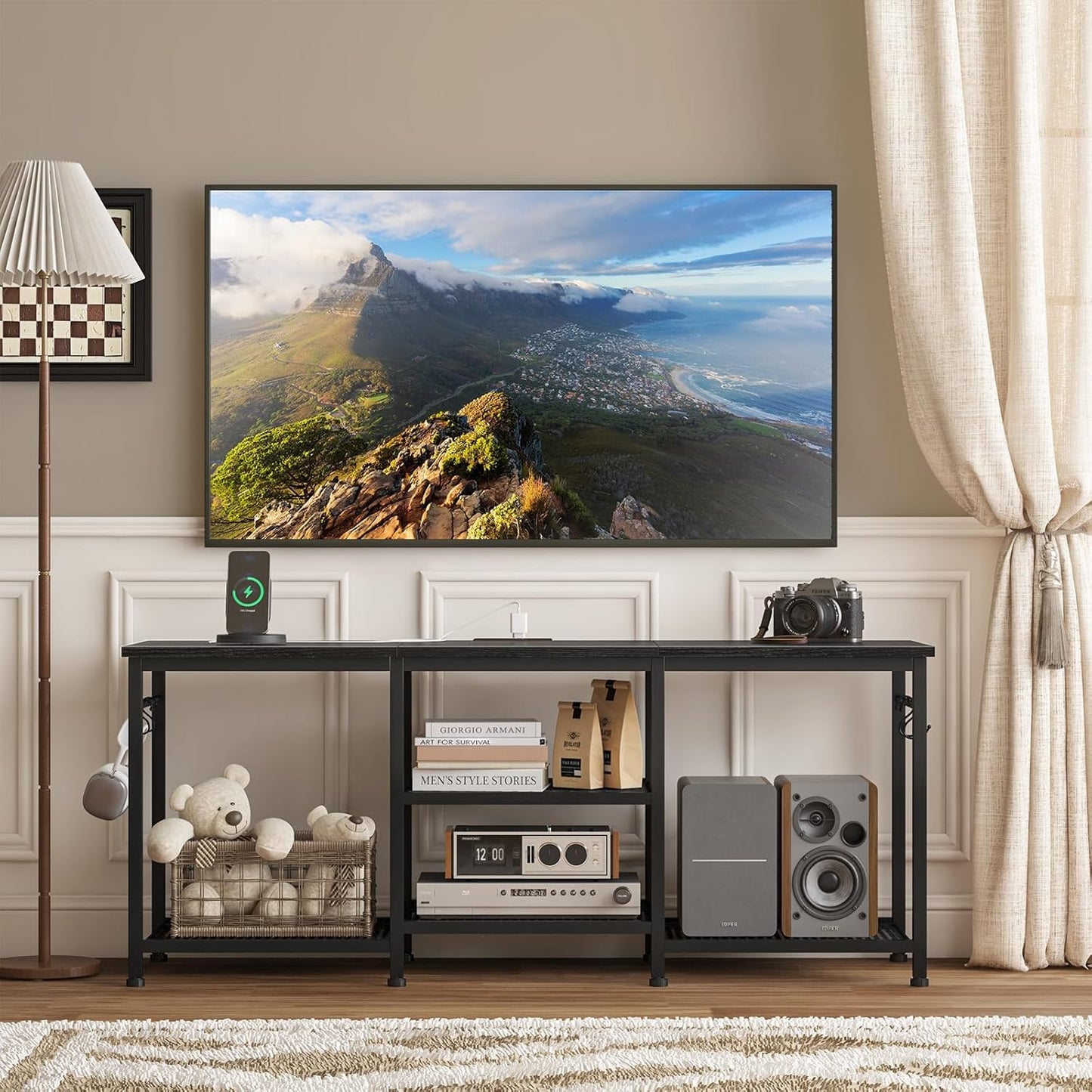 YGEOMER Entertainment Center for 55 inch TVs, TV Stand with Power Outlet and Open Storage Shelves, TV Media Console Table for Living Room and Bedroom,Black