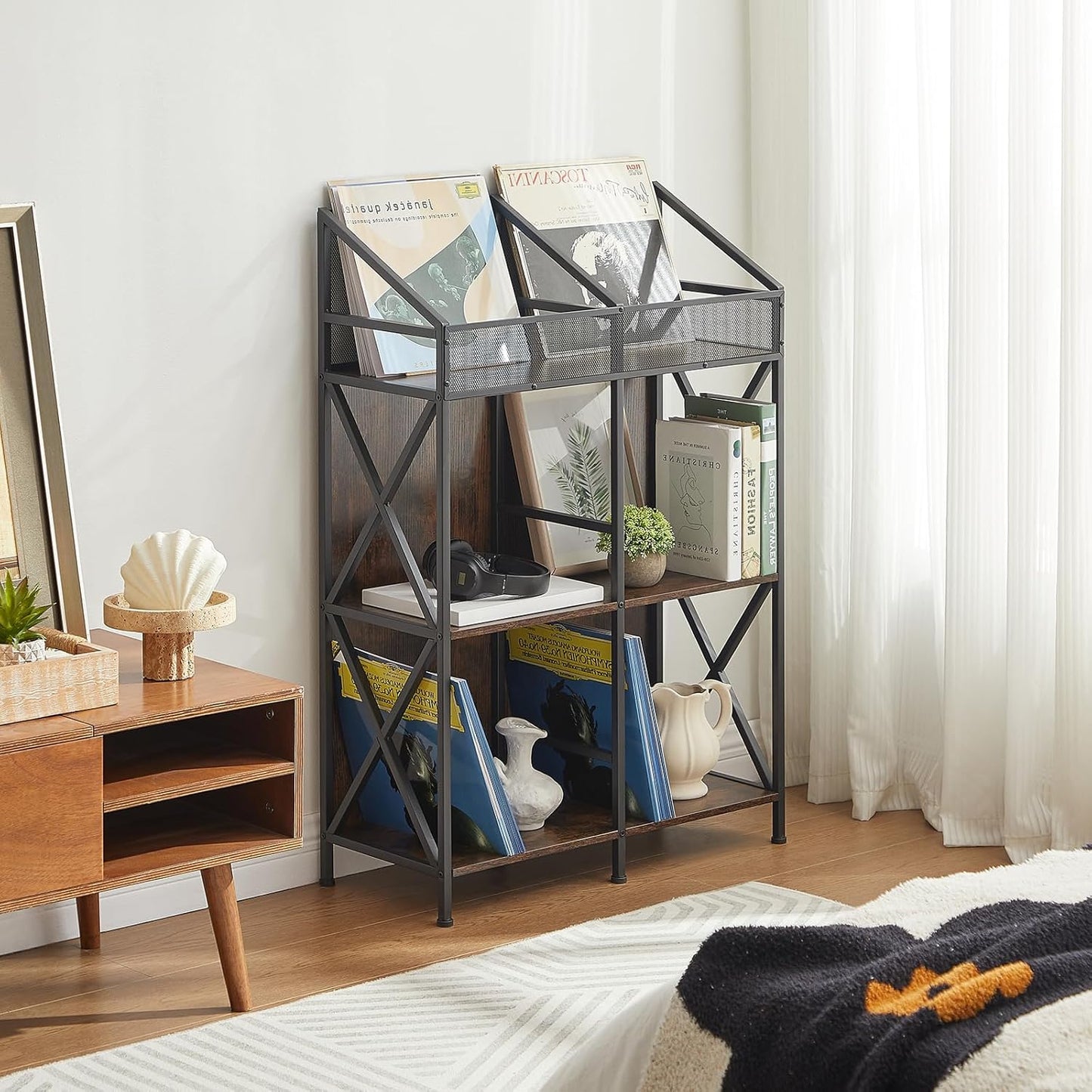 6 Grids Vinyl Record Storage Holder Rack， Wooden Record Display Table for Magazines Files Albums Books for Living Room Bedroom Patent Pending