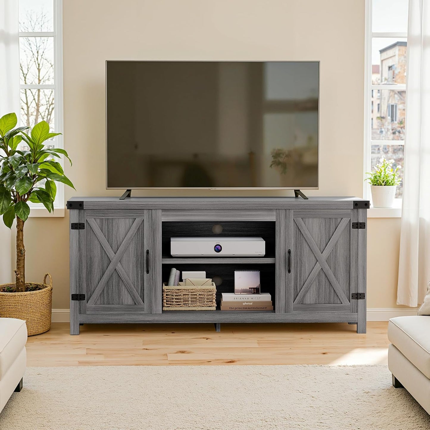 YESHOMY Modern Farmhouse TV Stand with Two Barn Doors and Storage Cabinets for Televisions up to 65+ Inch,Entertainment Center Console Table,Media Furniture for Living Room, Grey