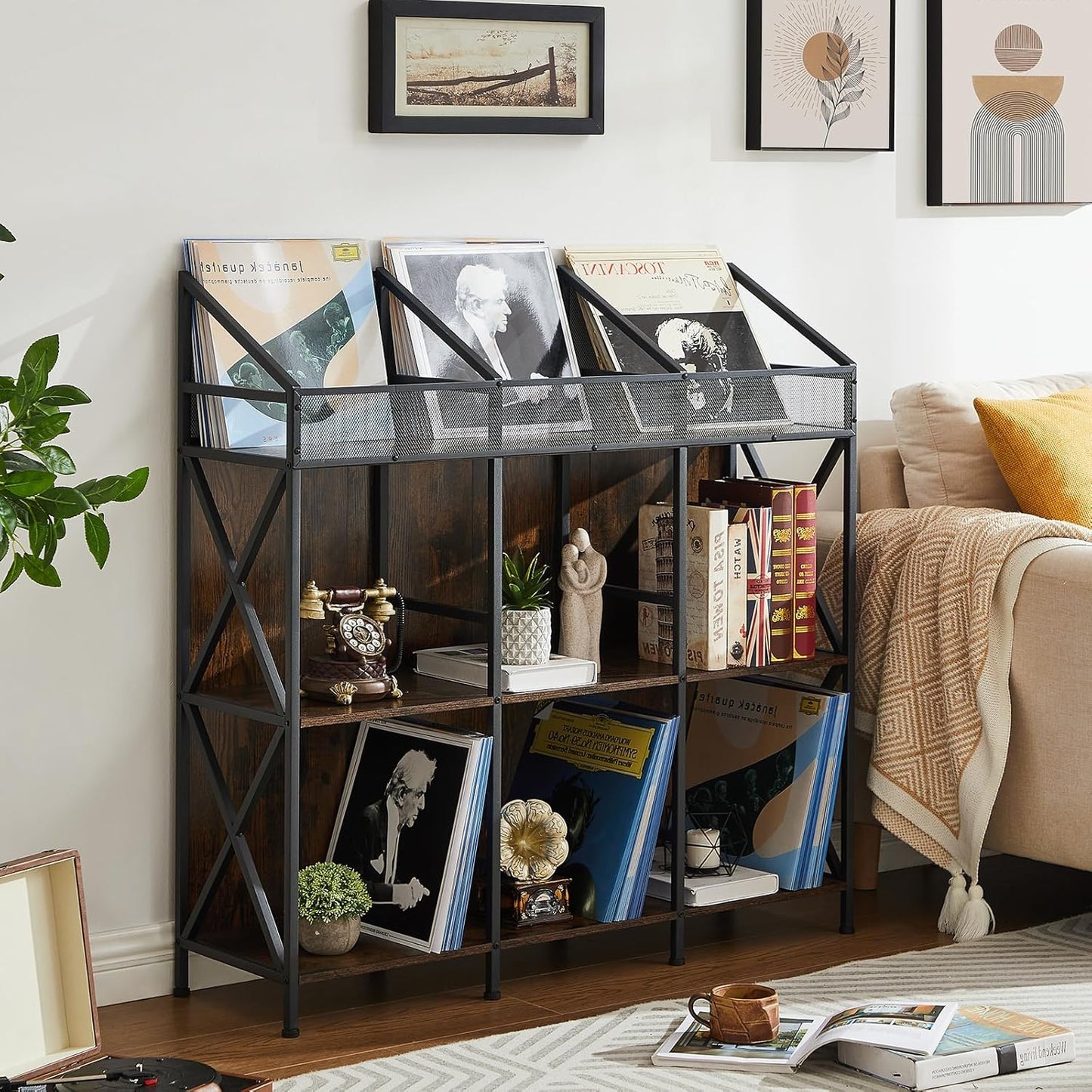 9 Grids Vinyl Record Storage Holder Rack， Wooden Record Display Table for Magazines Files Albums Books for Living Room Bedroom Patent Pending
