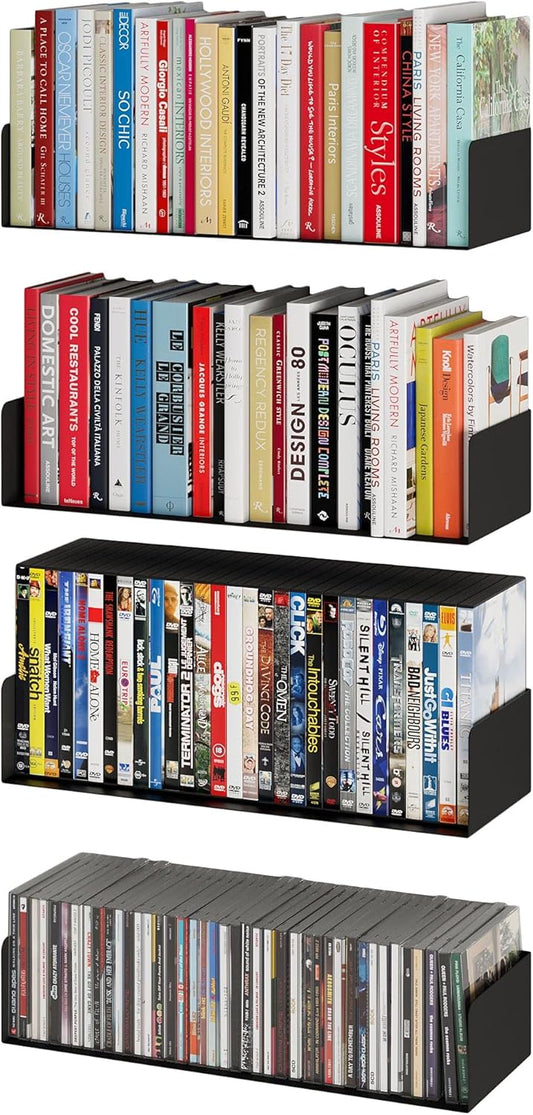 Wallniture Bali Black Floating Shelves for Wall, CD DVD Storage Shelves and Metal Bookshelf Set of 4