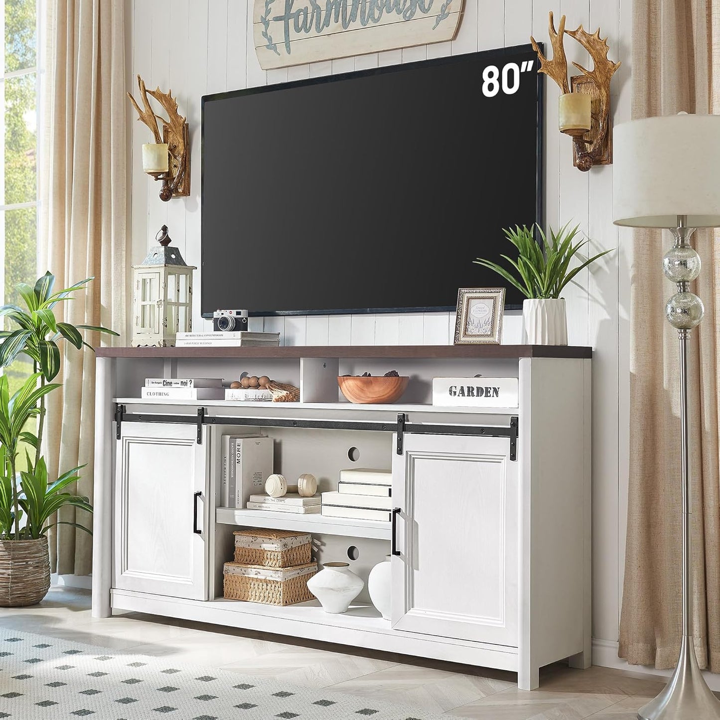 Farmhouse TV Stand for Living Room, Large Black Entertainment Center with Storage, TV Console for Bedroom, TV Stand with Sliding Barn Door Television Stands for 80 Inch TV, 38 Inch Tall Media Cabinet