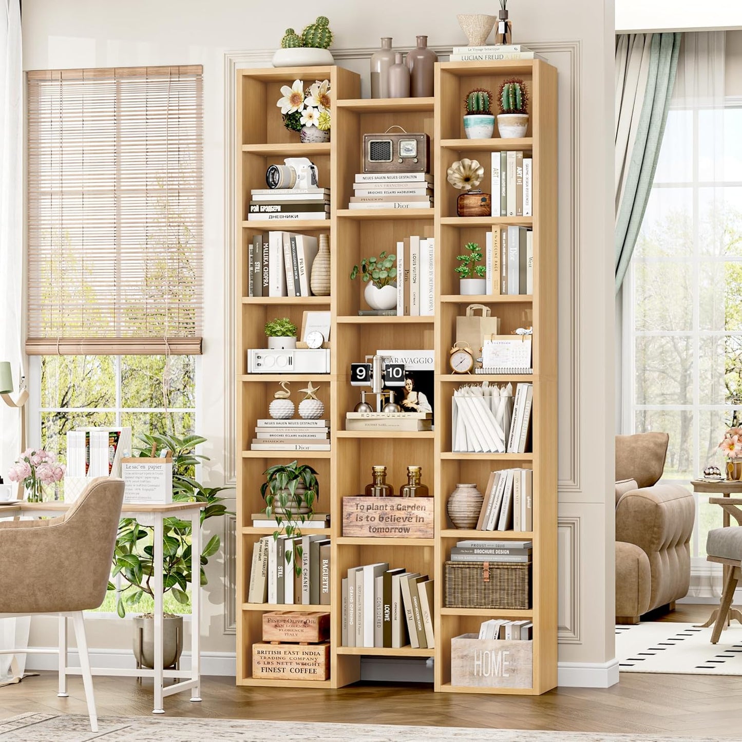 FOTOSOK 71’’ Tall Bookshelf, Triple Wide Bookshelf with Adjustable Shelves, 8 Tier Media CD DVD Storage Tower Rack, Diaplay Cabinet Shelf, Cube Storage Organizer Shelf for Home Office, Black/Brown