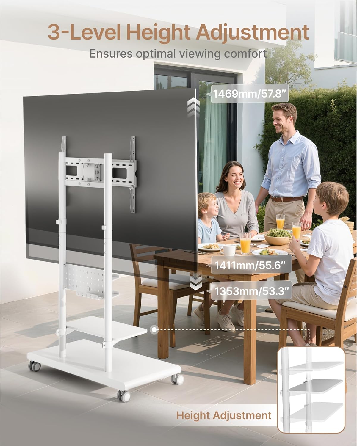 Rolling TV Stand with Versatile Storage Pegboard for 50-90 inch TVs up to 154lbs, Height Adjustable Mobile TV Stand with Storage Shelves, Tilt Swivel TV Cart Max VESA 600x400mm, White