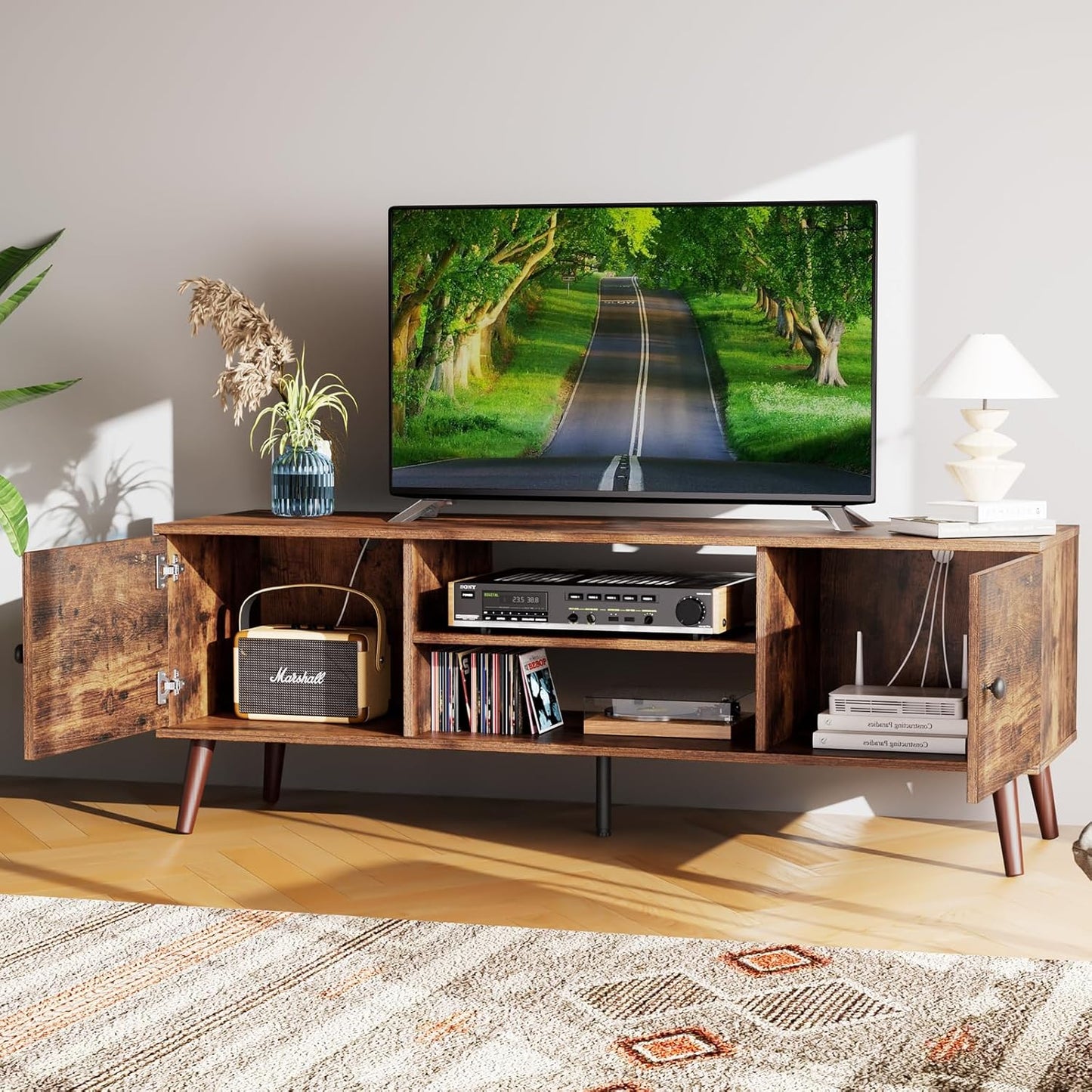 Sweetcrispy TV Stand for 55 60 inch TV, Modern Mid Century Entertainment Center with Storage, Media Console Table 2 Cabinet, Soft Hinge, Handle Door, Wooden Living Room, Office Furniture, Pure Black