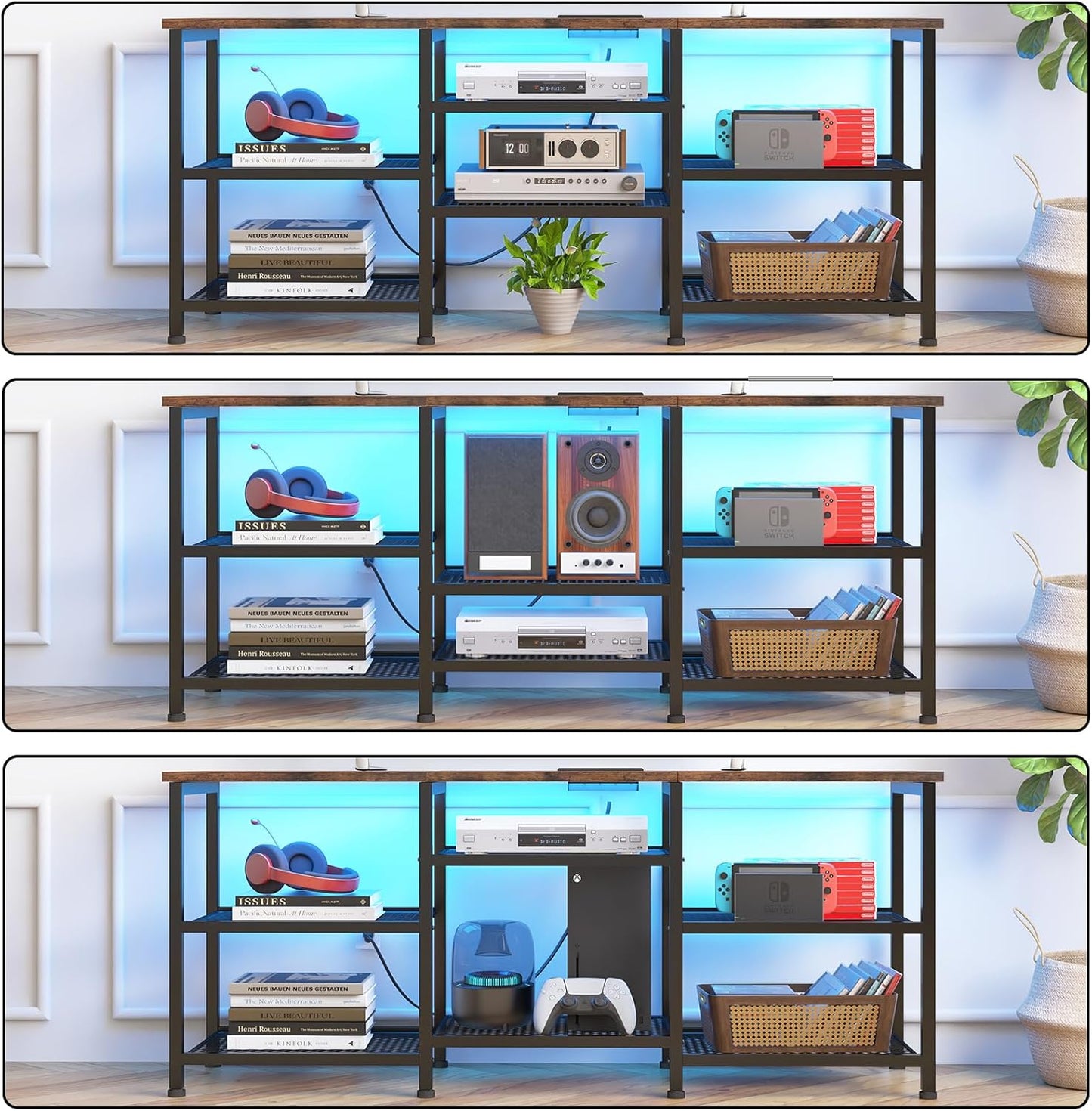 YGEOMER TV Stand for 55 inch TVs, Entertainment Center with Movable Shelf Panels, Power Outlet and LED Lights Open Storage Shelves, TV Media Console Table for Living Room and Bedroom, Rustic Brown