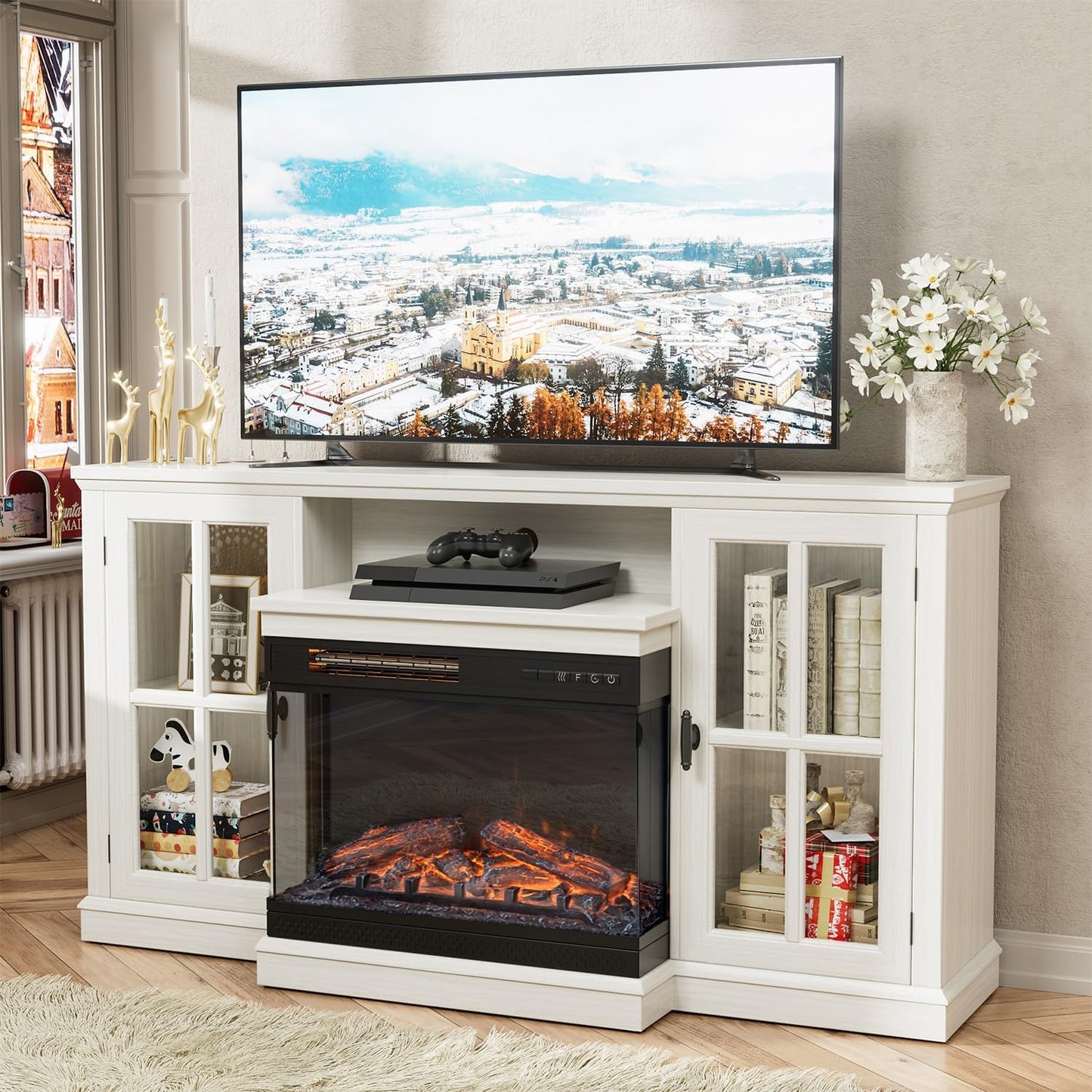 JUMMICO TV Stand for 65 Inch TV, Entertainment Center with Storage Cabinets and Sliding Barn Doors, Mid Century Modern Media TV Console Table for Living Room Bedroom (Bright White)