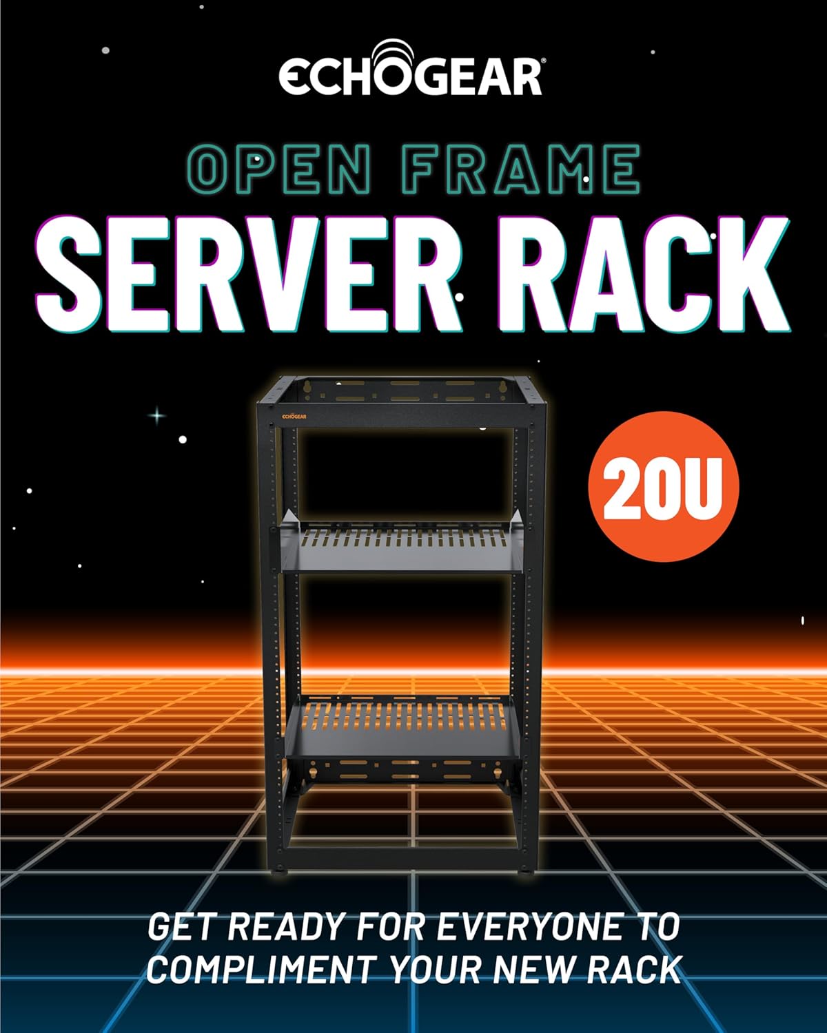 ECHOGEAR 20U Open Frame Rack for Servers & AV Gear - Wall Mountable Design Includes 2X Vented Shelves, 25x Rack Mounting Screws, 4X Leveling Feet, 4X Shelf Stops, & 2X Securement Straps